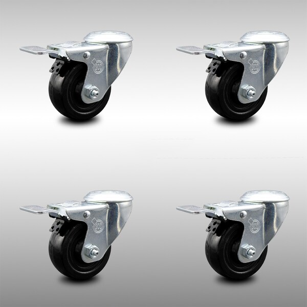 3 Inch SS Hard Rubber Wheel Swivel Bolt Hole Caster Set with Total Lock Brake